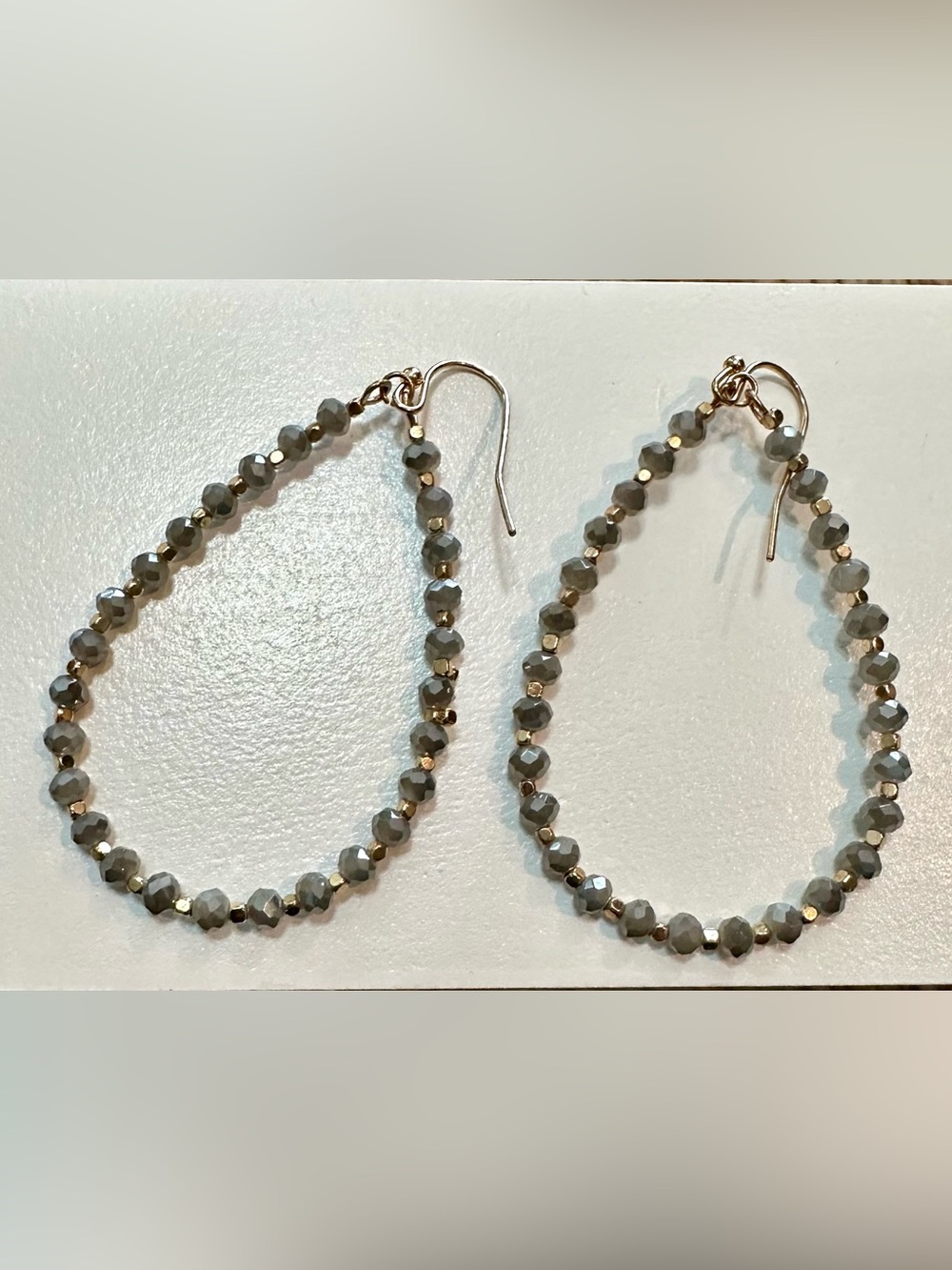 Beaded Teardrop Hoop Earrings in Gray and Gold. Lightweight!